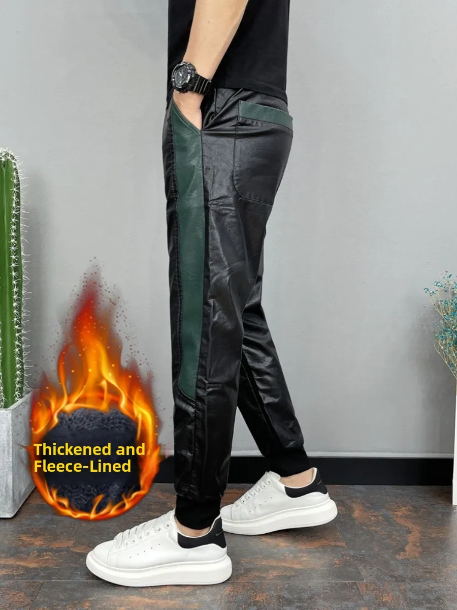 

Men's Fce Lined Thiened Casual Harlan Pants Autumn Winter Warm Leather Trousers for very Riders Windproof Slim Fit