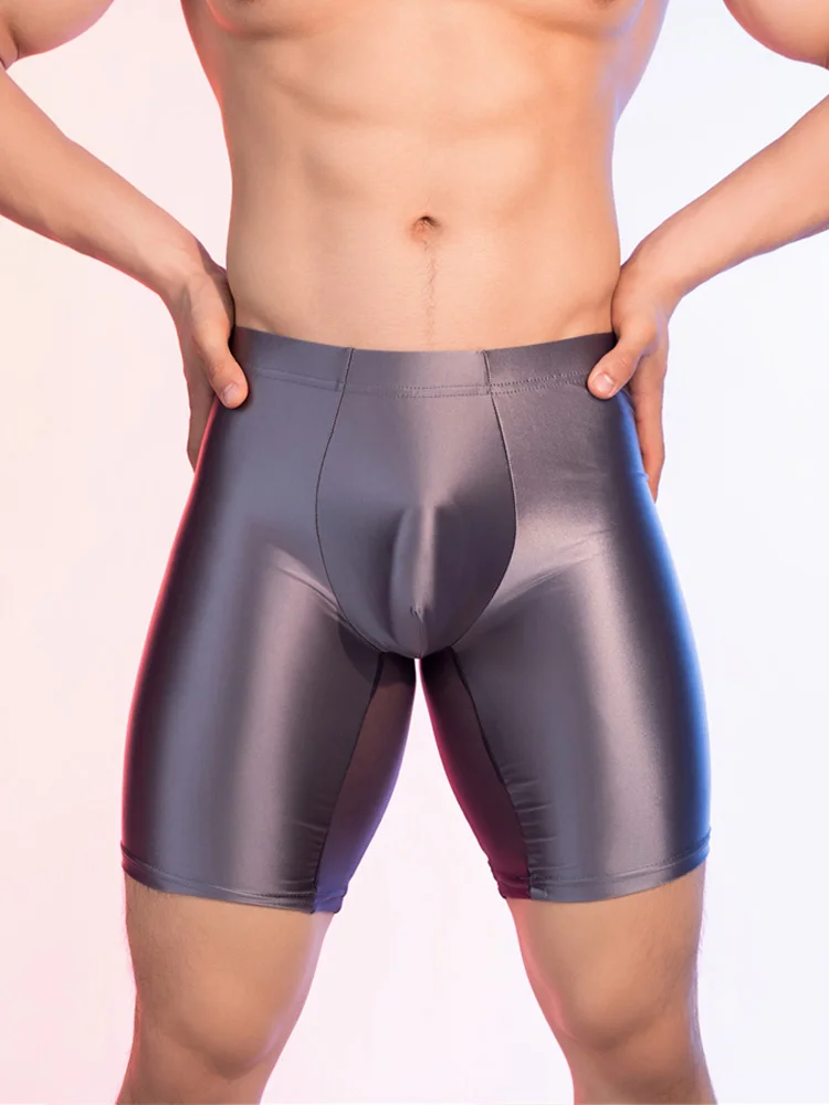 Sexy Men U Bulge Pouch Boxer Oil Glossy Shiny Satin Smooth Fitness Shorts Patchwork Breathable Elastic Pants Bottom Wear