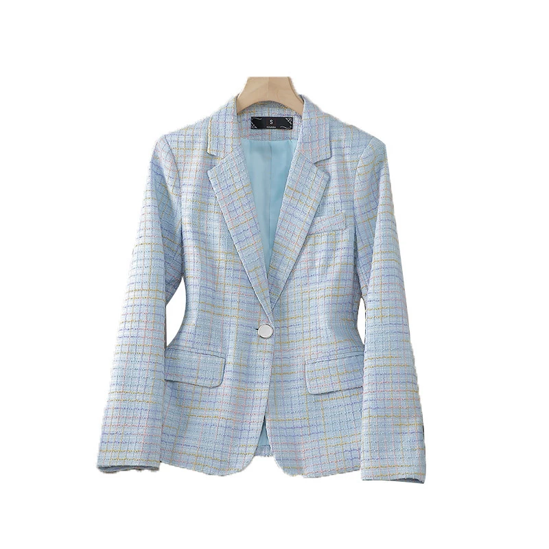 Fashion Women Casual Blazer Ladies Long Sleeve Purple Blue Green Yellow Plaid Female Jacket Coat For Autumn Winter S-4XL