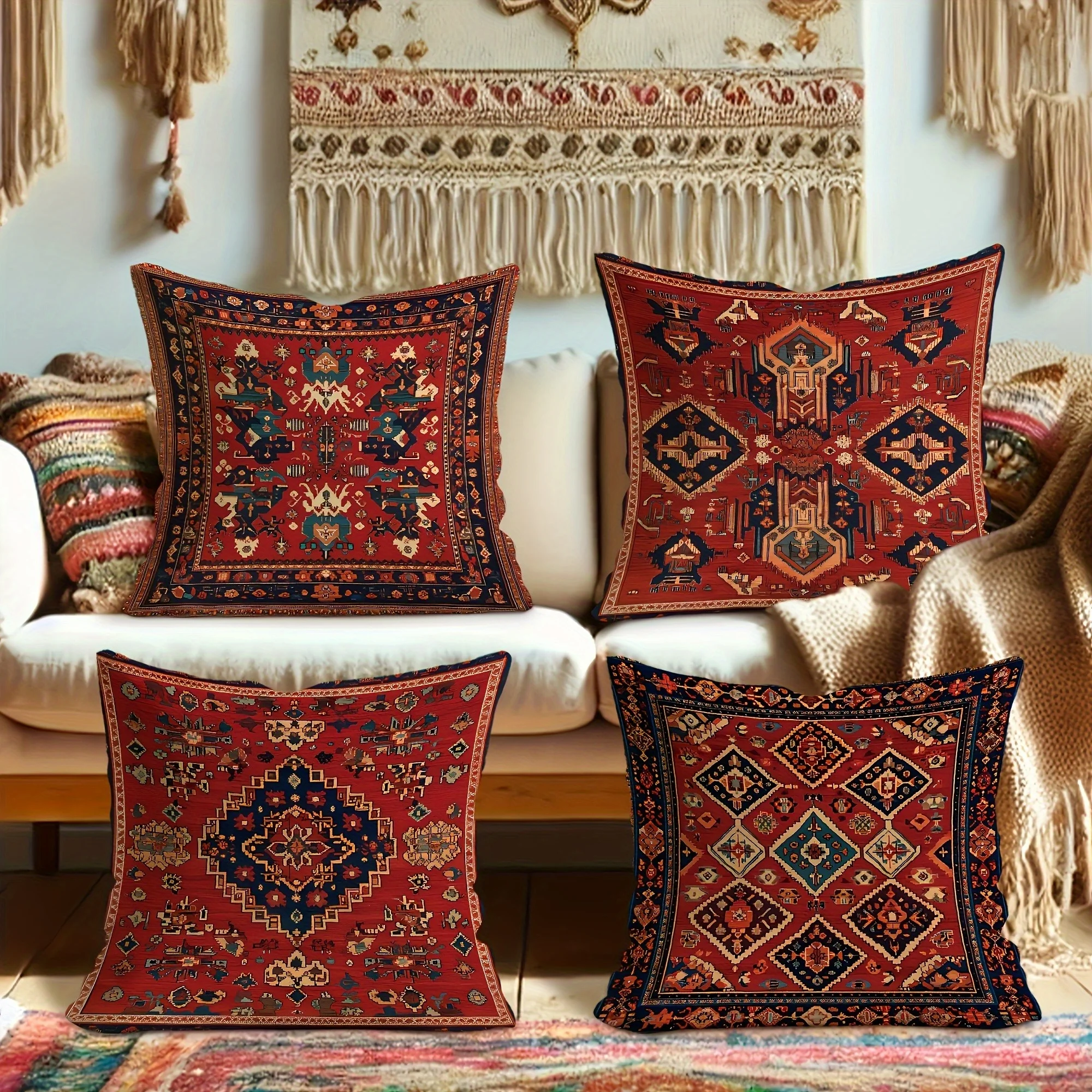 Set of 4 Decorative Throw Pillow Covers Boho Moroccan Print Geometric Cushion Case Polyester Tapestry Style Accent for Home Deco