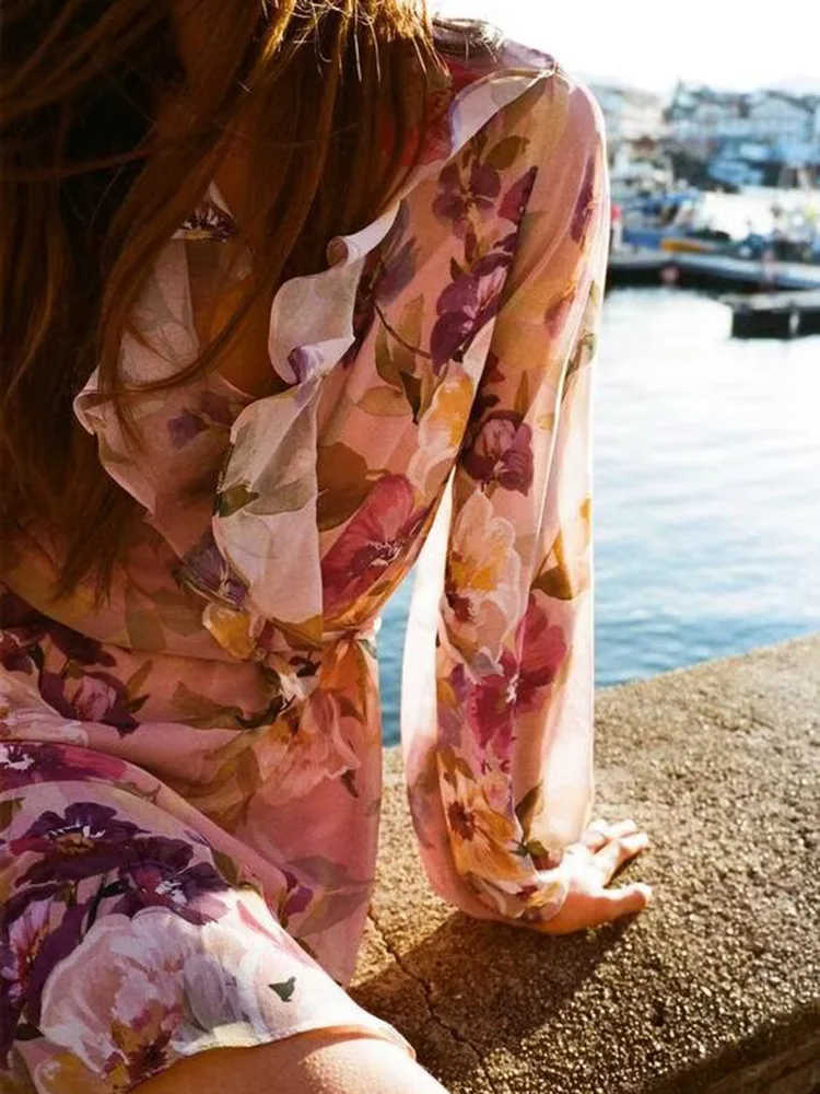 Vestido f recém-chegado da primavera ZA2025 vestido  com decoração em camadas com estampa floral versátil vestido ...