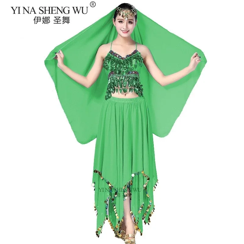 

Индийский комплект одежды для танцев Болливуда, Египетские женские костюмы для танца живота, индийские костюмы для танца живота, 3 шт./компл. (верхняя юбка, вуаль)