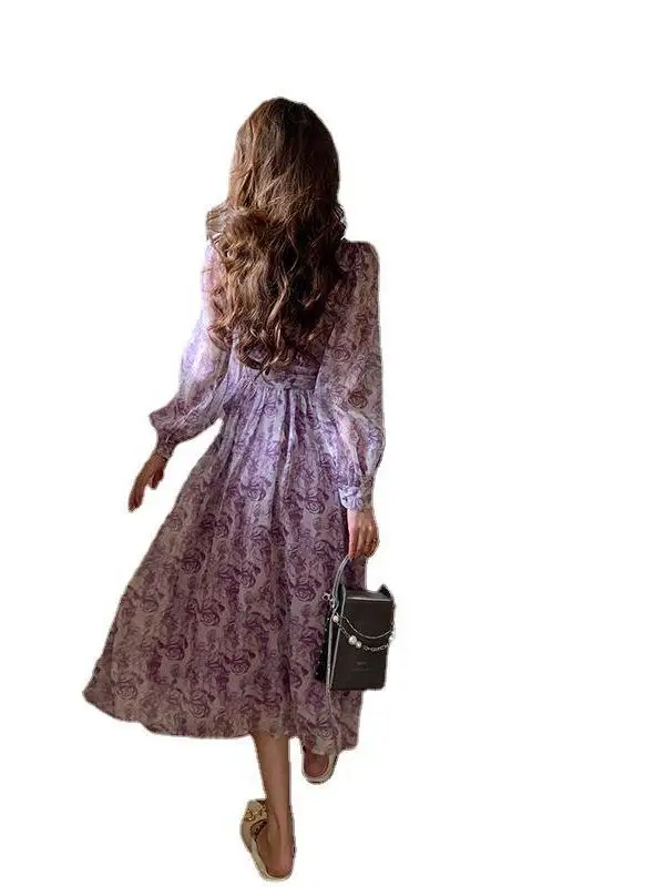 Printed Lotus Leaf French Fashion New Princess Dress V-neck Slim Purple Light Flare Sleeves Ruffled Edge Ladies Retro Flare PFI9