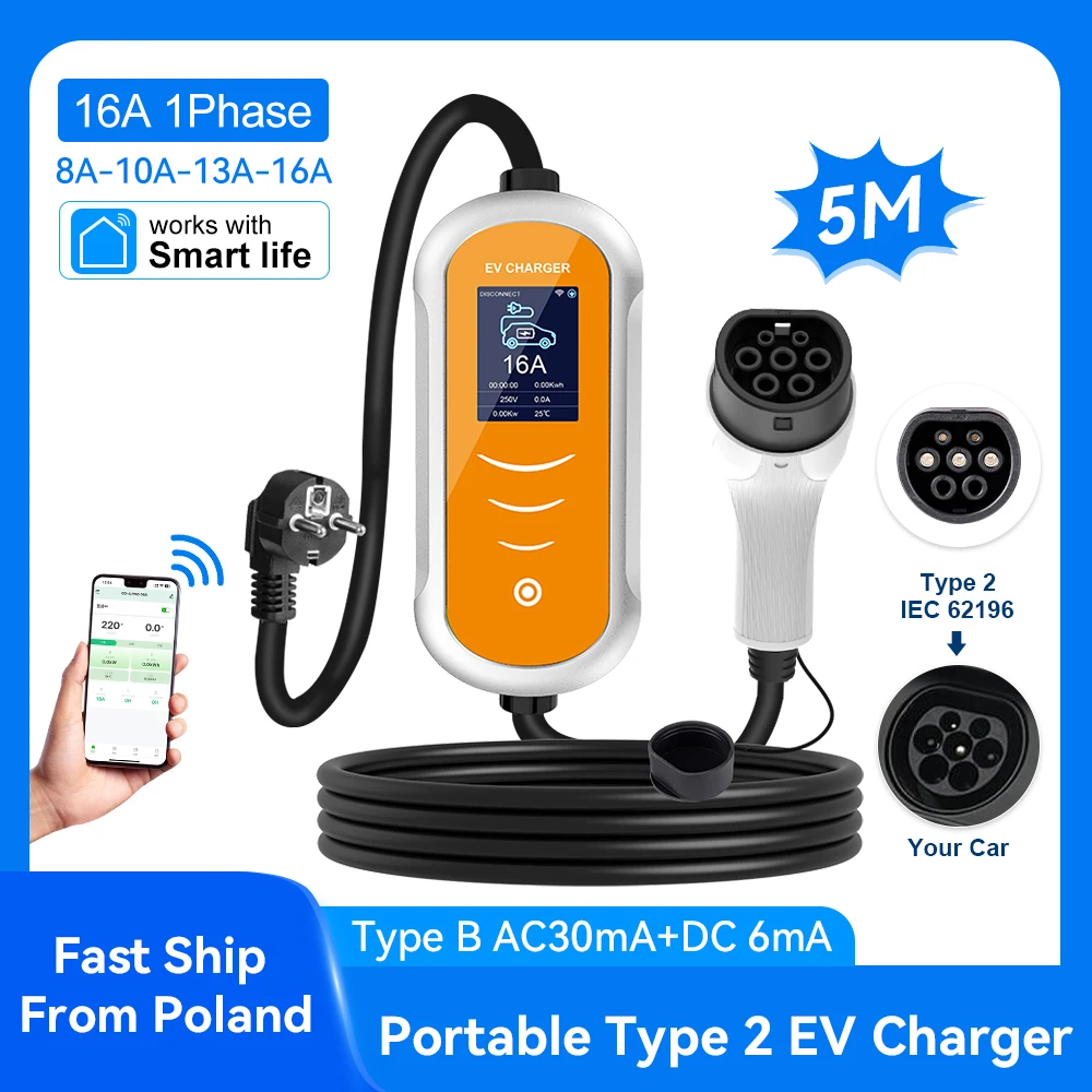 16A Type2 EV Charger 3.5KW IEC 62196 Socket 5M Cable EVSE Current Adjustable Wallbox WIFI APP Control EV Charging Accessories
