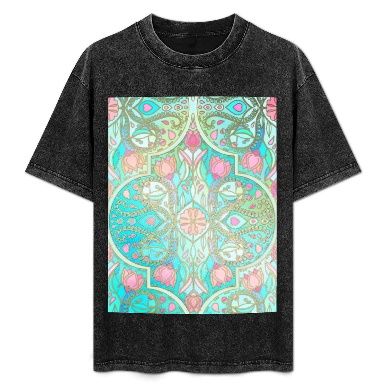 

Floral Moroccan in Spring Pastels - Aqua, Pink, Mint & Peach T-Shirt Casual Simple Design Short Sleeve Shirt