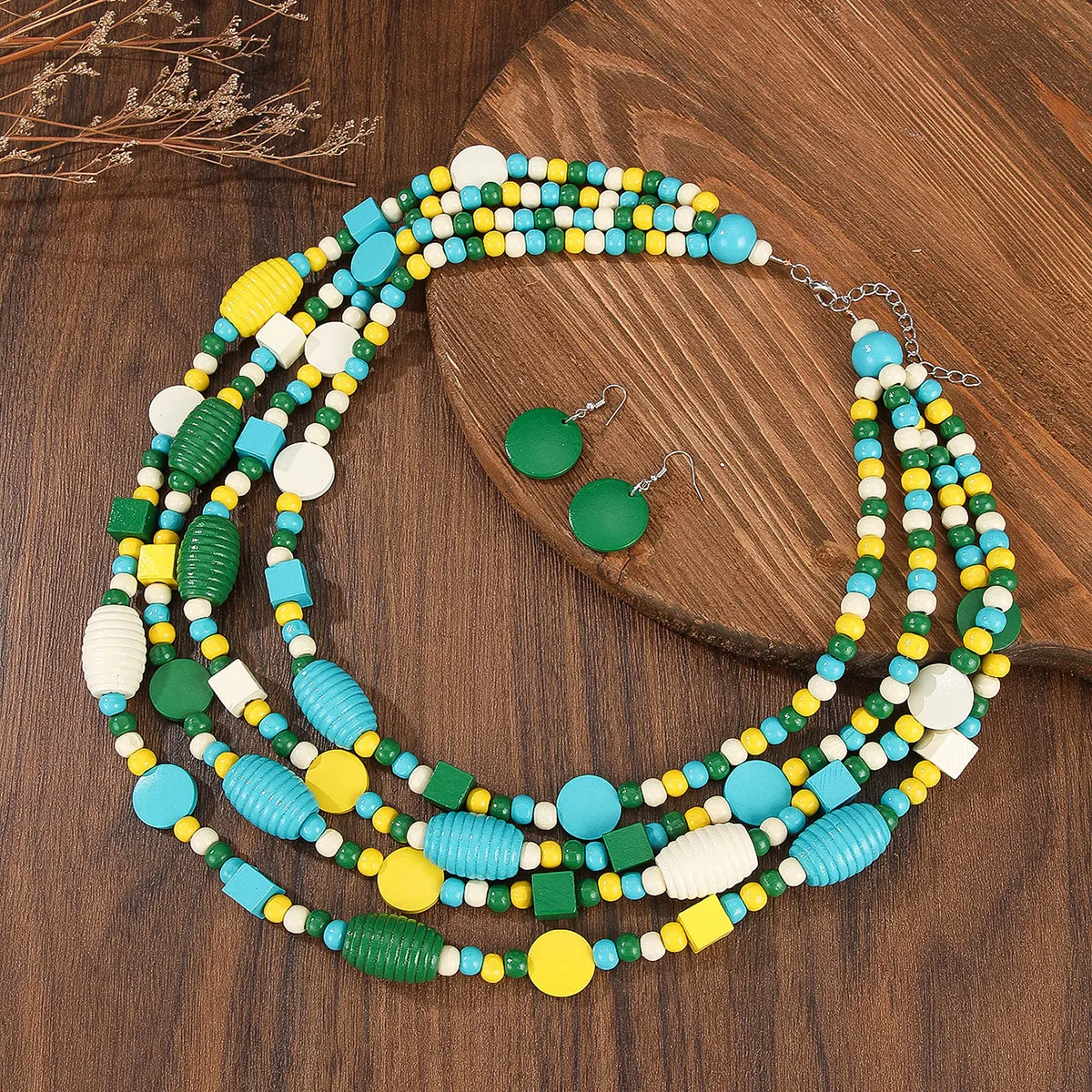 Bohemian Multi-layer Wooden Bead Necklace and Earring Set