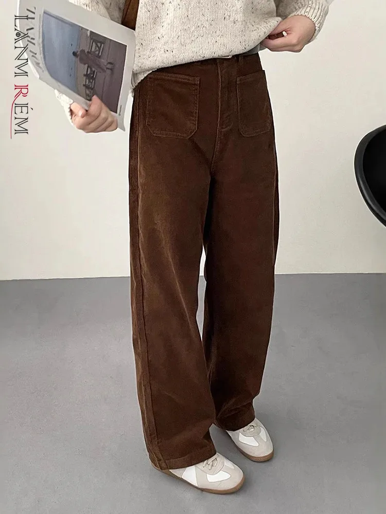 LANMREM Office Lady Corduroy Long Pants Women's High Waist Solid Color Slim Trousers Versatile 2025 Spring New Clothing 2VV1843