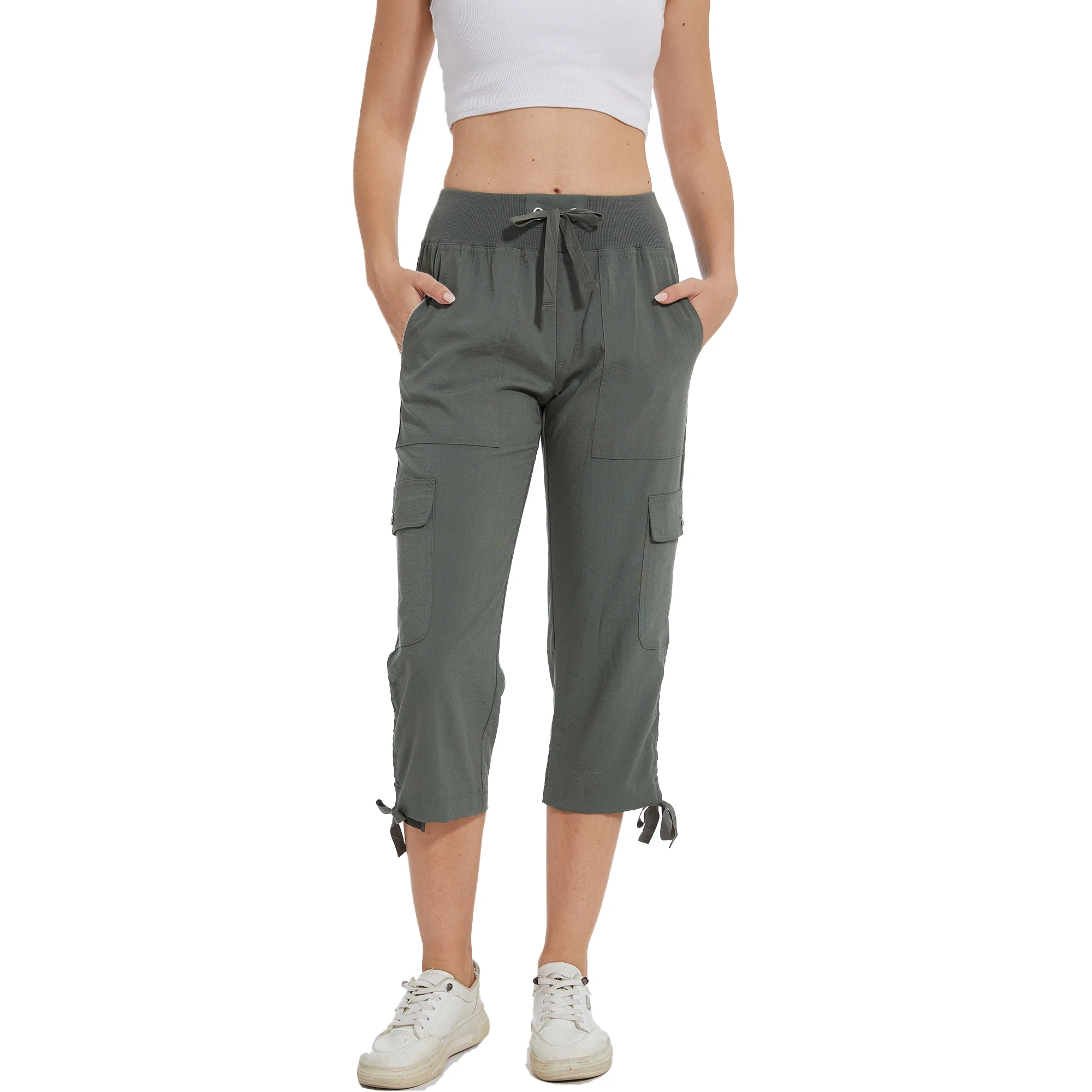 Calça capri casual feminina, linho de algodão, calça ioga elástica na cintura larga, calça feminina solta para mãe, 7 bolsos, verão