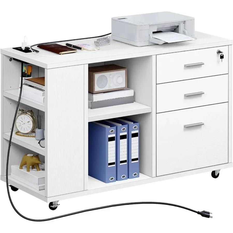 

Картотека с зарядной станцией Мобильный боковой шкаф для документов с замком для домашнего офиса Подставка для принтера с открытой полкой для хранения