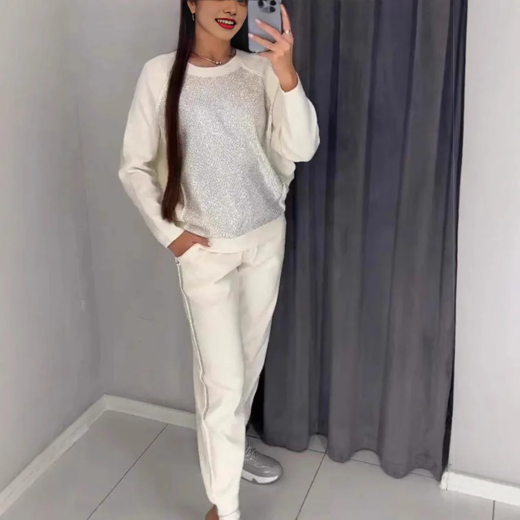 

Женские однотонные повседневные модные свободные спортивные комплекты из 2 предметов, топы с длинными рукавами и круглым вырезом, брюки, женские весенне-осенние модные брюки 2024 года