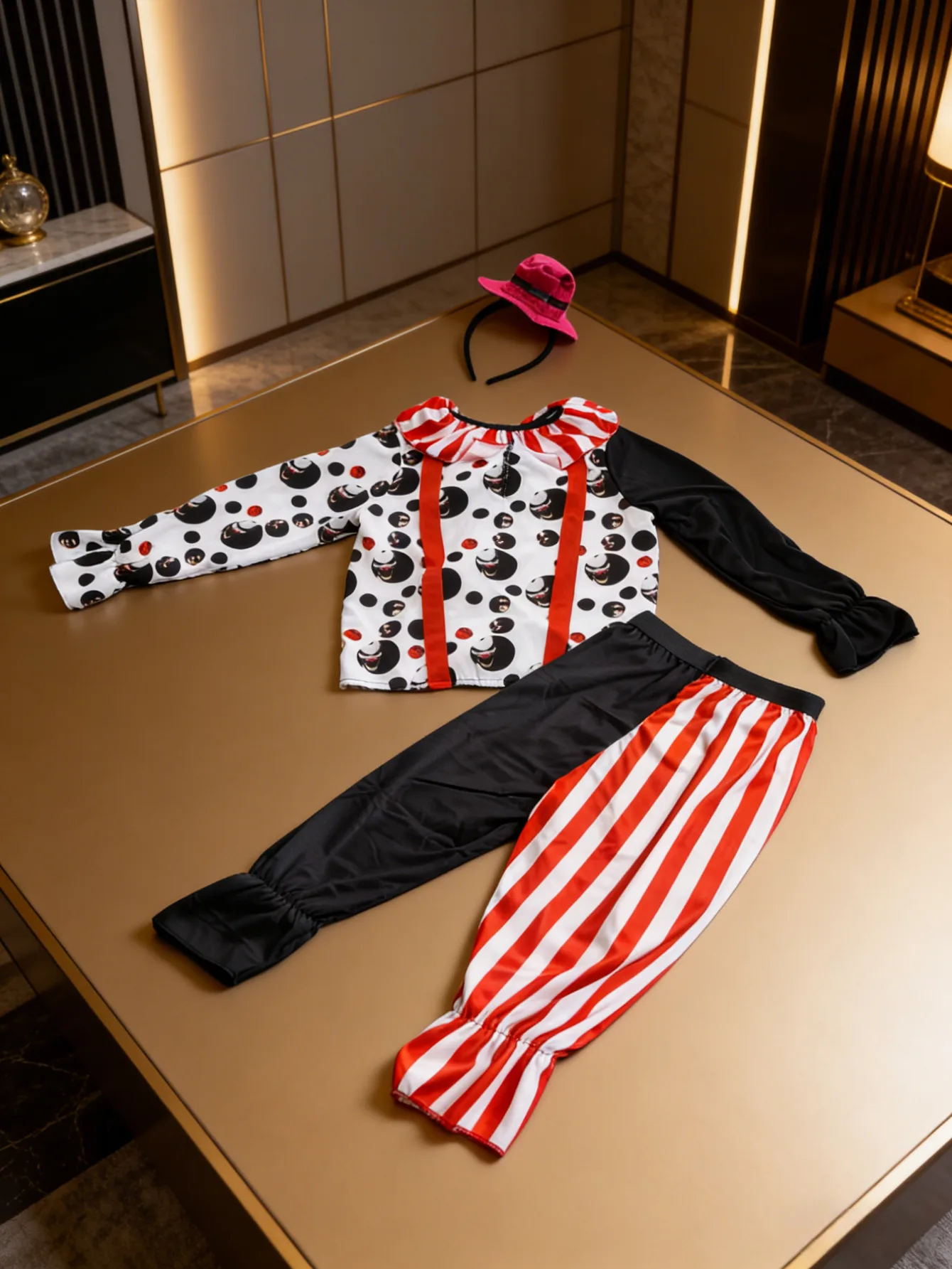 Kids Clown Costume Set, Polka Dot Top Striped Pants & Mini Red Hat Headband, Halloween Party Outfit - view 2