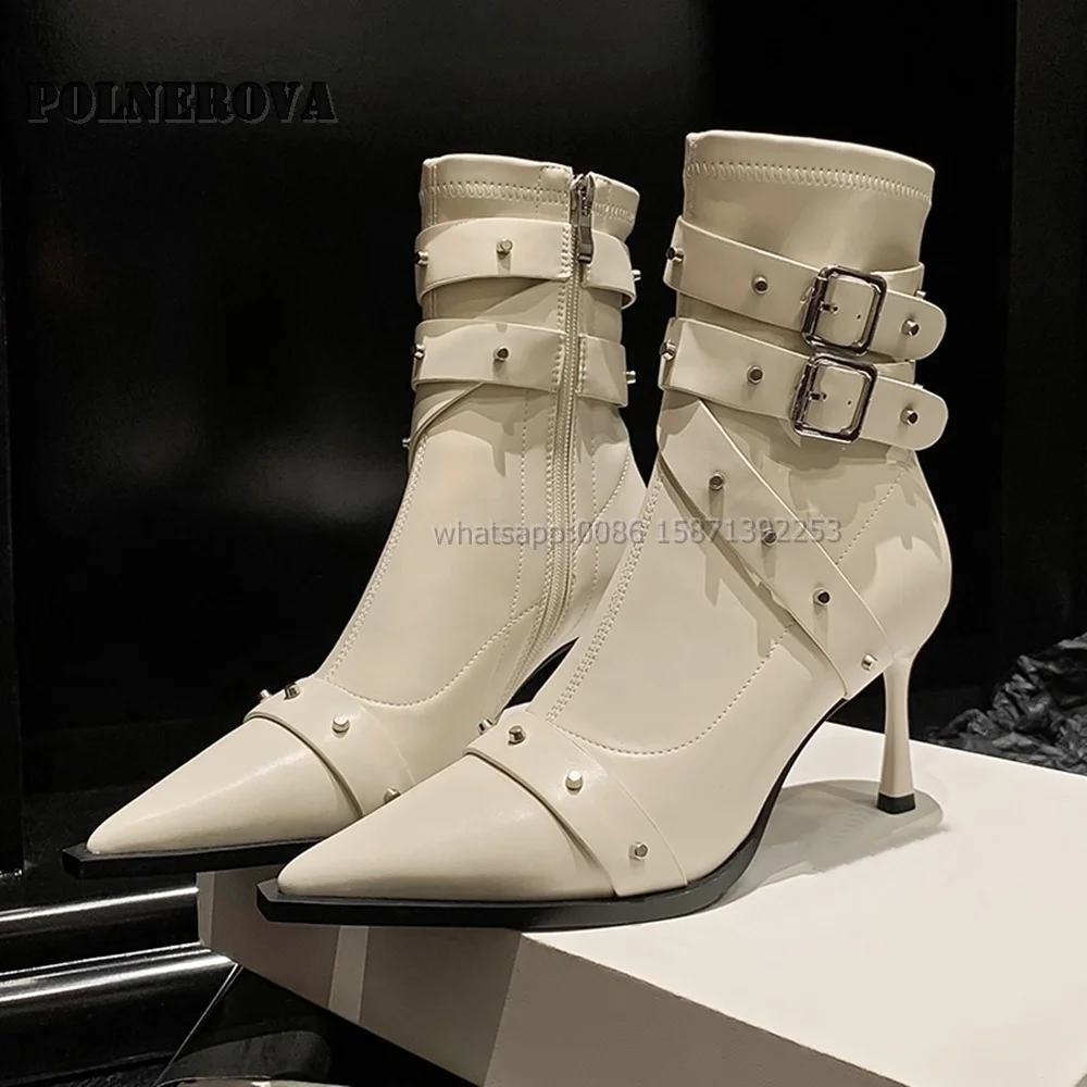 

Belt Buckle Rivet Ankle Boots Punk Spicy Girl Luxury Shoes Cross Tied Spring Pointed Toe Stiletto Patchwork Sexy Stretch Booties