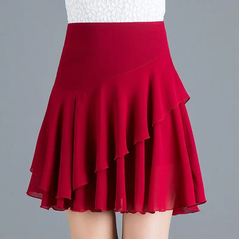 Roupas femininas 2025 verão novo solto senhora do escritório elástico saias de cintura alta moda cor sólida emendado babados saias chiffon