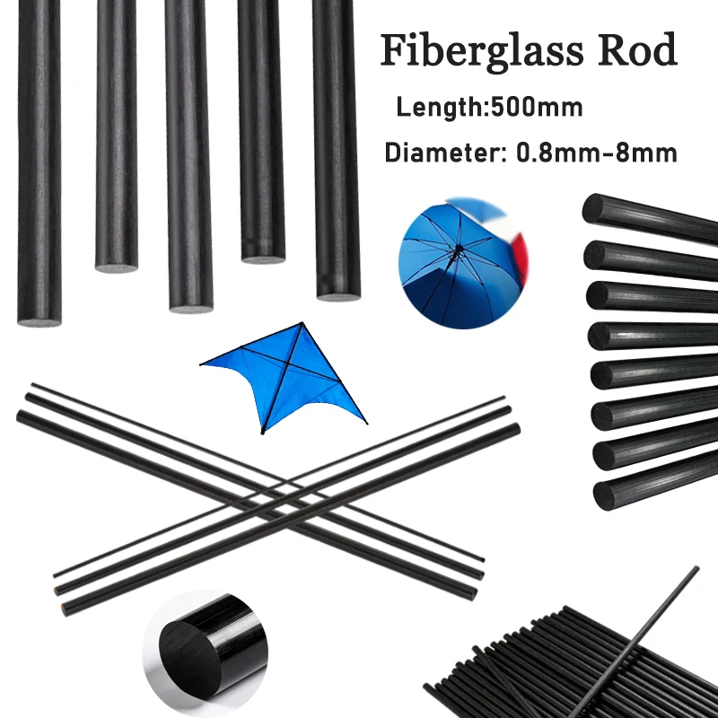10/5pcs Length 500mm Black Glassfiber Rods 0.8/1.0/1.5/2/2.5/3/4/5/6/7/8mm Fiber Glass Rod For Tents,Greenhouses,Planting,Kite