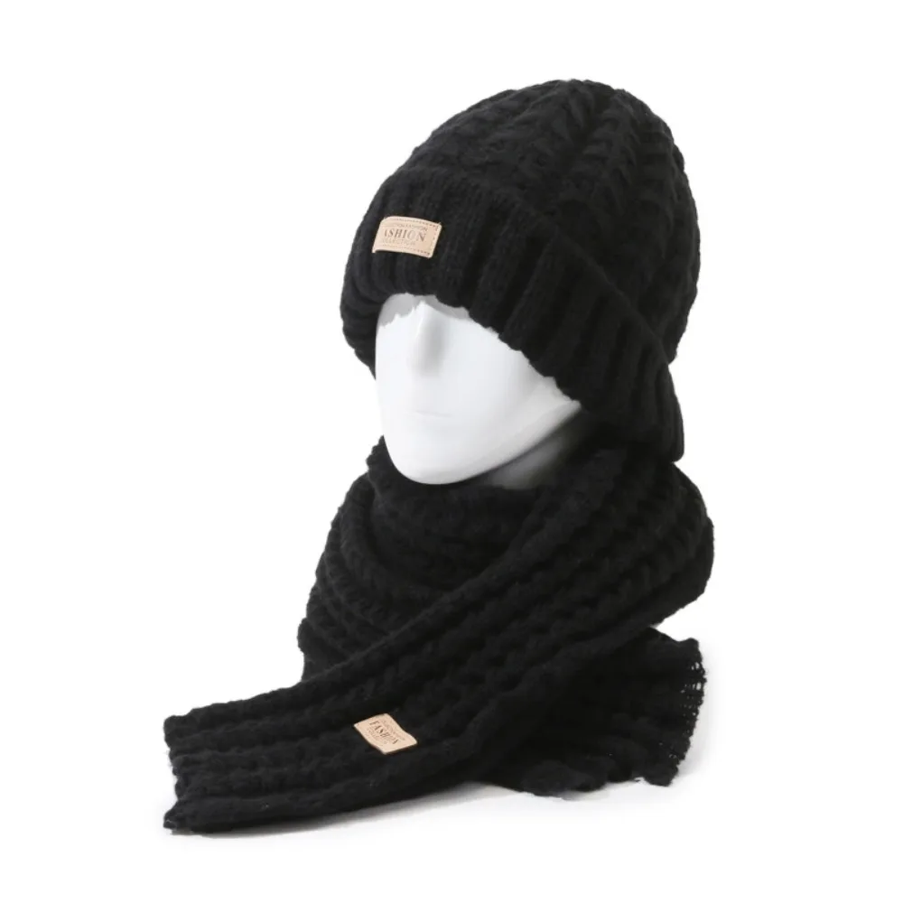 

2Pcs Fashion Windproof Knitted Hat Scarf Korean Style Thicken Neck Guard Hat Set Simple Plush Warm Scarf Winter Autumn