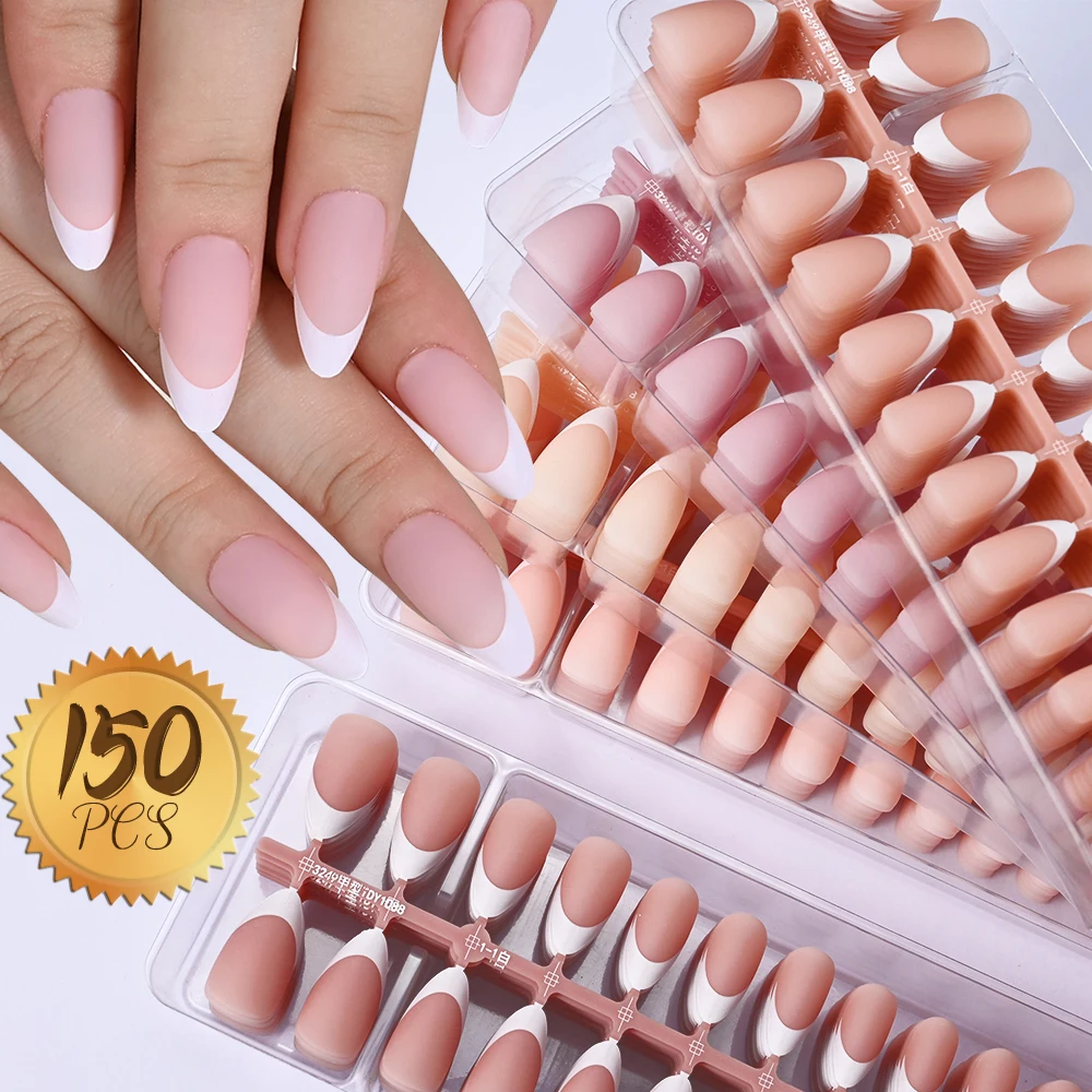 150 Uds. Puntas de uñas de Gel francés, cubierta completa para uñas, extensión en forma de almendra rosa desnuda, uñas postizas para decoración de uñas DIY # 15 tamaños