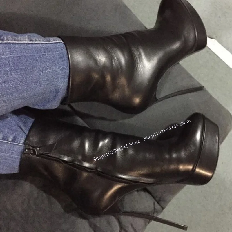 

Black Zipper Matte Mid Calf Boots Pointed Toe Thin High Heel Fashion Sexy Cool Winter Big Size 2025 Woman Shoes Zapatillas Mujer