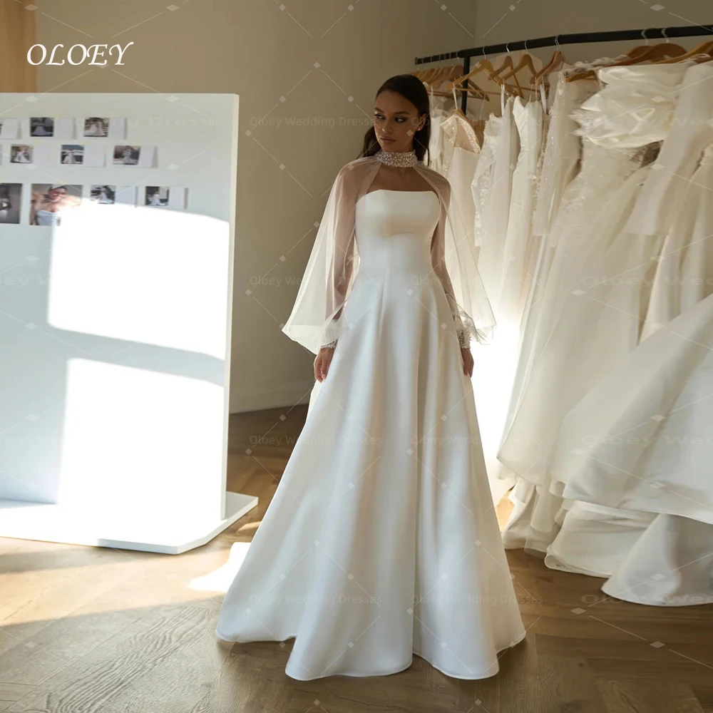 

OLOEY 2026 Elegant Satin Bridal Gown Minimalist A-Line Puff Tulle Long Sleeves Wedding Dresses Banquet Vestido De Novia Customiz