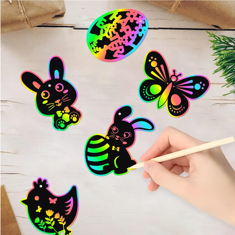 24pcs/set Easter Decoration Scratch Card Holiday DIY Color Scratch Painting Gift Label Easter Party Decorations Pendants