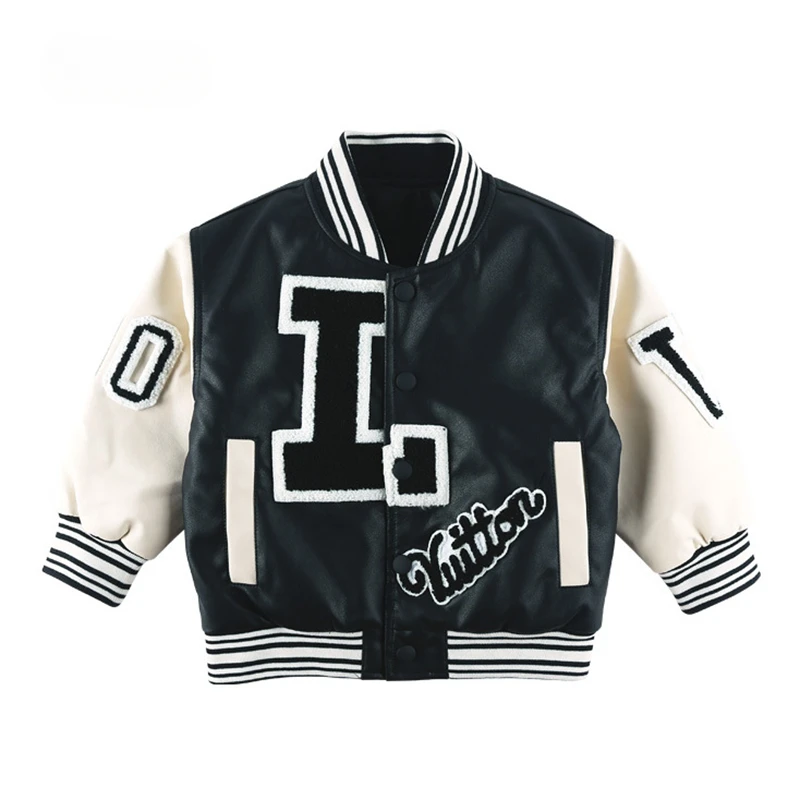 

Leather Children's Jacket Letter Jacket for Girls Cotton Coat for Girls 2024 Black Baseball Jacket for Boy Children's Clothing