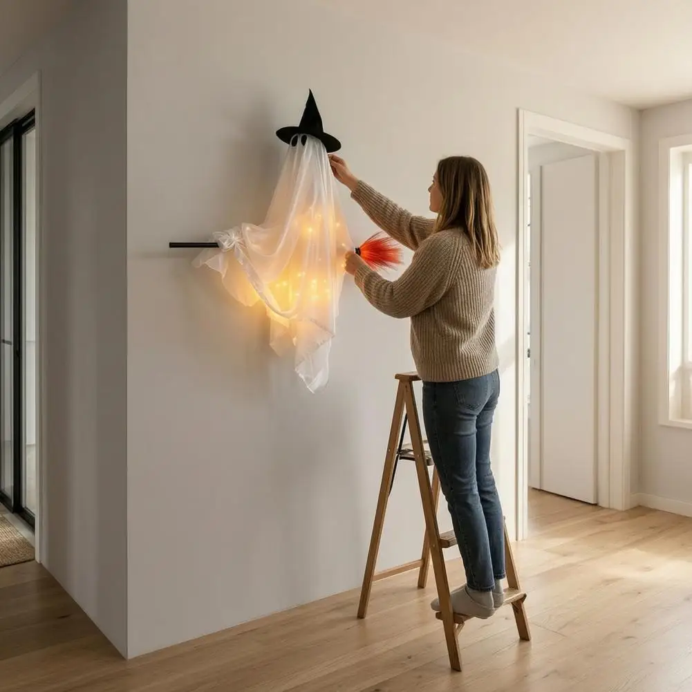 Halloween-Hängegeist-Dekorationen: Niedliche Geister-Ornamente, Hängegeist mit Besen, Halloween-Deko, fliegende Hexe für Spukhäuser