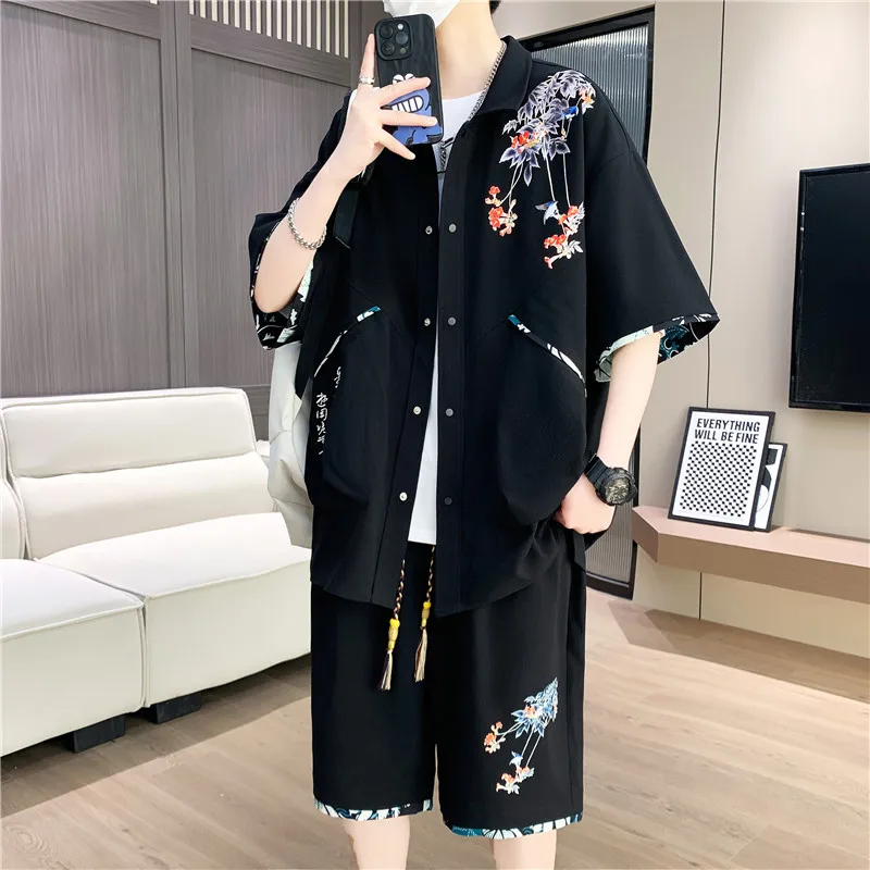 

Fashion 2024 Summer Loose Men's Sets Casual Short Sleeve Cotton Shirts&Shorts Streetwear Japanese Tee-Shirt Two-Piece Tracksuits