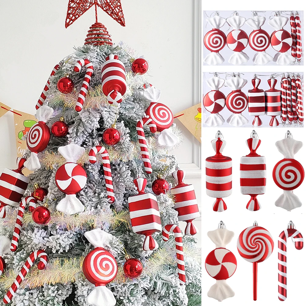 4/14pcs Christmas Hanging Candy Ball Candy Cane Pendant Red White Candy Lollipop Christmas Tree Decor Home New Year Navidad 2023