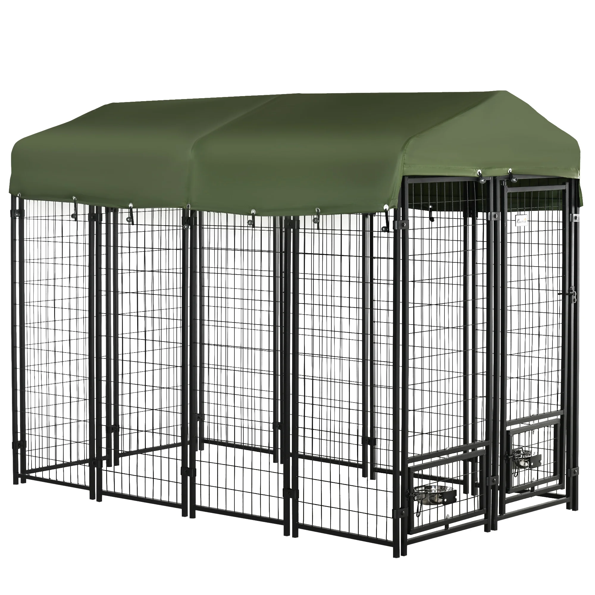 

Dog Kennel Outdoor with Rotating Bowl Holders Walk-in Pet Playpen Welded Wire Steel Dog Fence with Water-and UV-Resistant Canopy