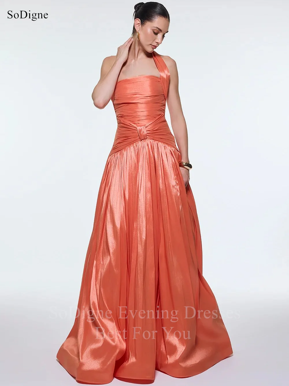 Sodigne chique laranja a linha vestidos de baile sexy plissados halter vestido de festa drapeado até o chão vestidos de baile personalizados