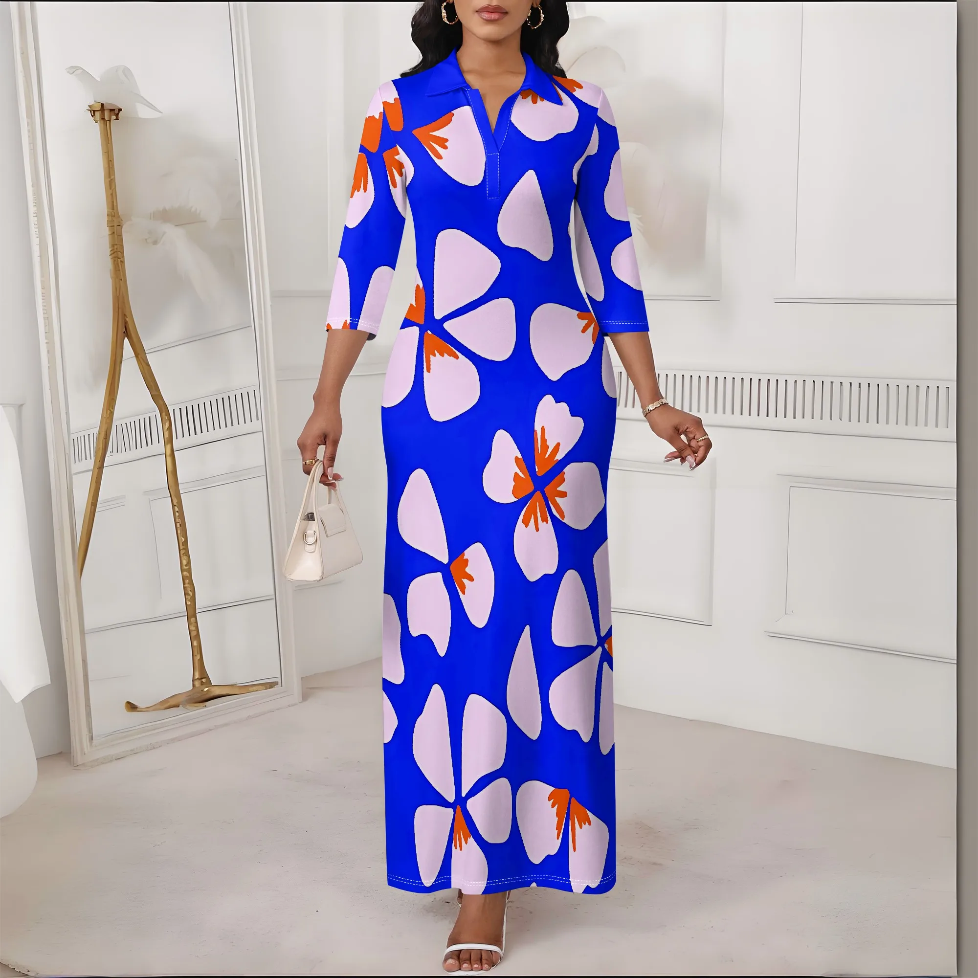 

Nupusa Floral Print Dress for Women Standard Size Summer Casual Polo Neck 3/4 Sleeve Maxi Dress