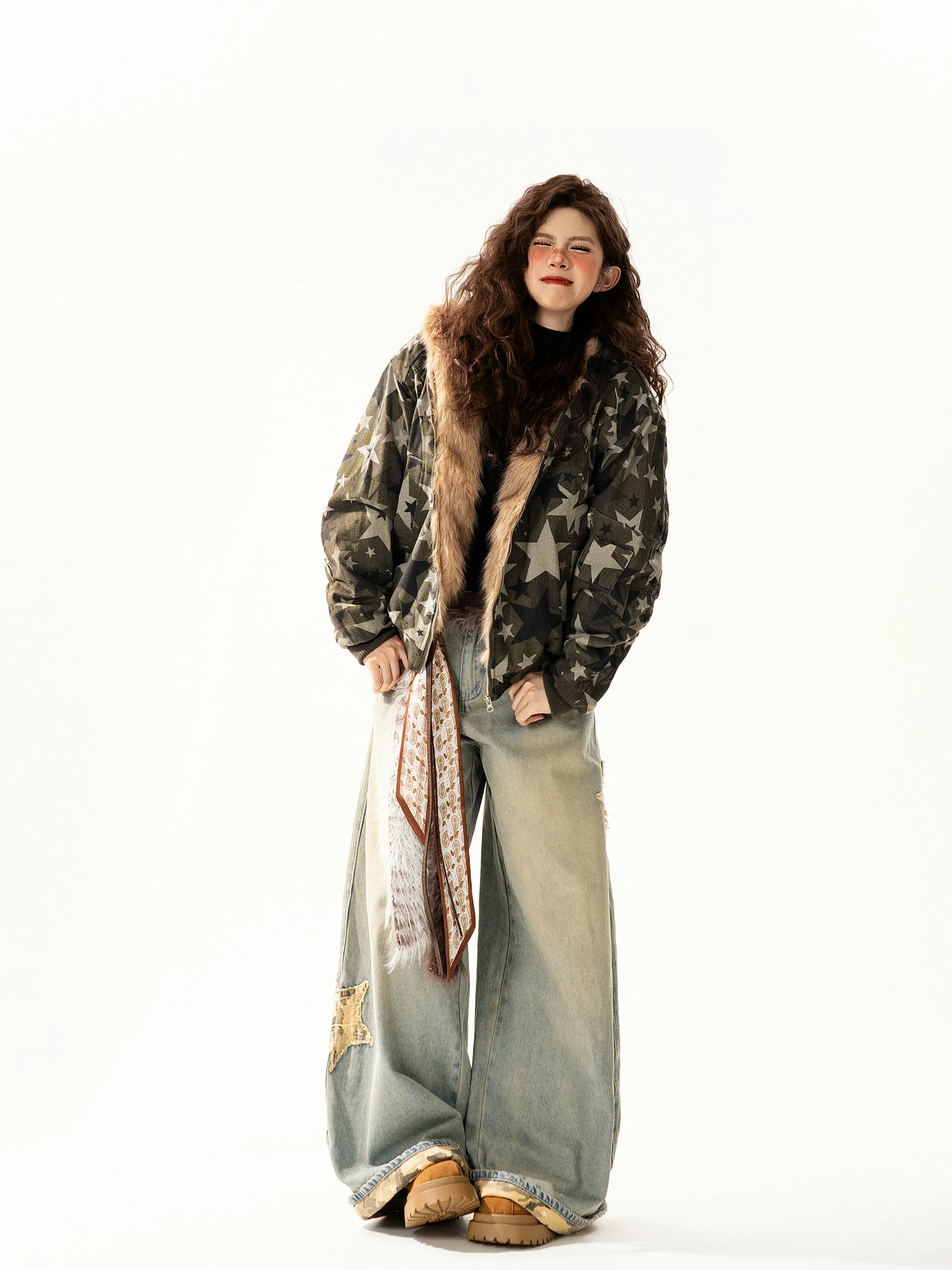 

Warm Hooded Cotton Jaet Women's Loose Fit Coat with Fur Collar American Retro Camouflage Stars Winter Outerwear Trendy