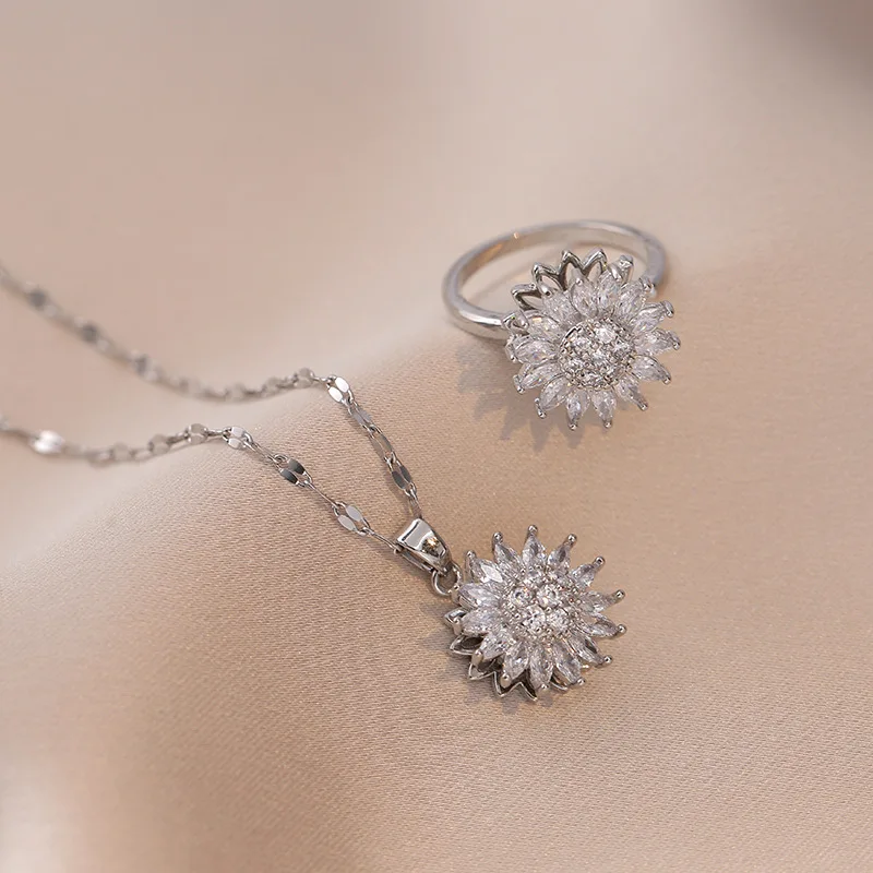 Double-layer Rotatable Sunflower Necklaces Ring Earrings For Women Girl Chain Choker Stainless Steel Jewelry Set Accessories