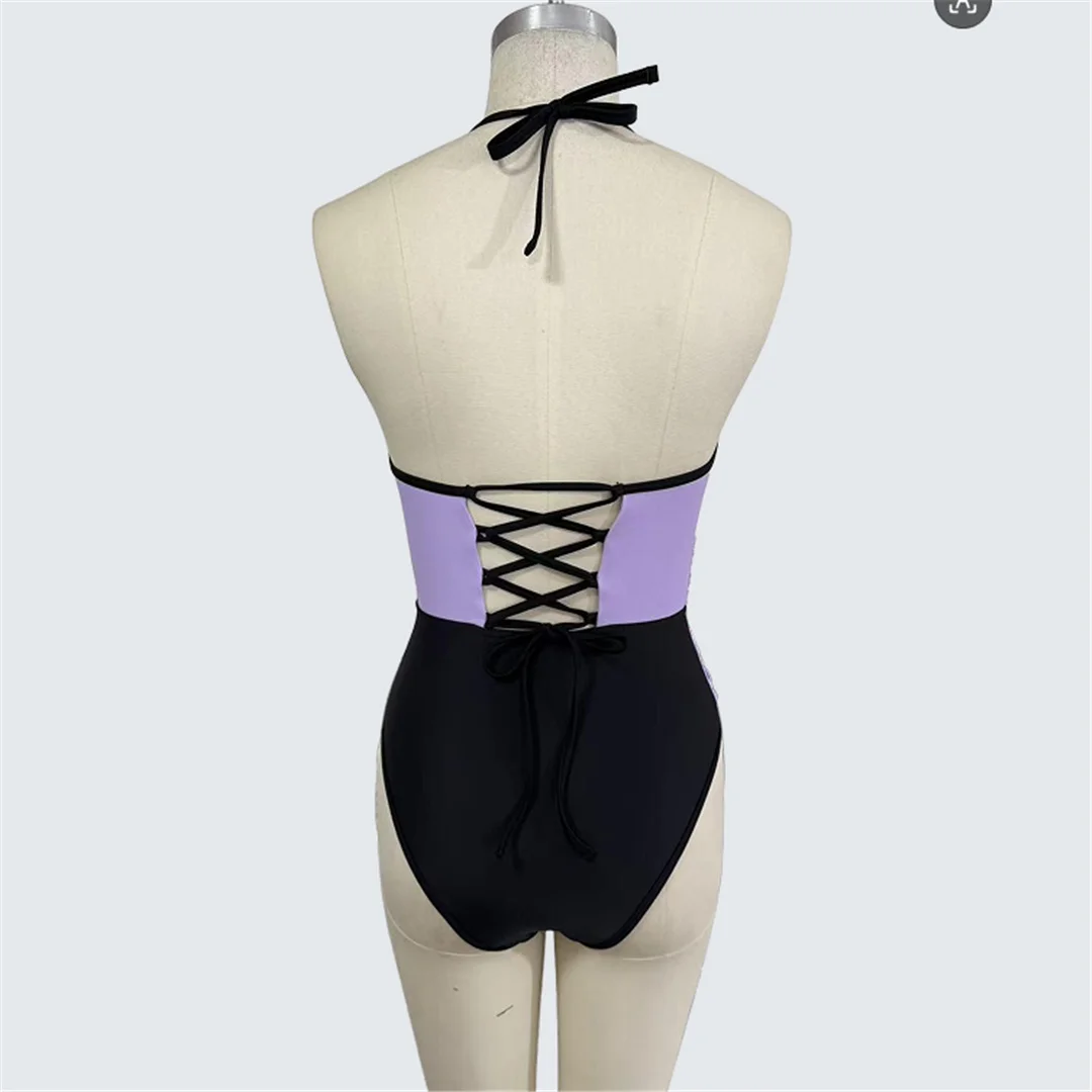 S - XXL, einteiliger Badeanzug mit Schnürung und Halterneck, Damen-Badebekleidung, rückenfreier Badeanzug mit hohem Beinausschnitt, Badeanzug, Modell V7509. – Detail 10