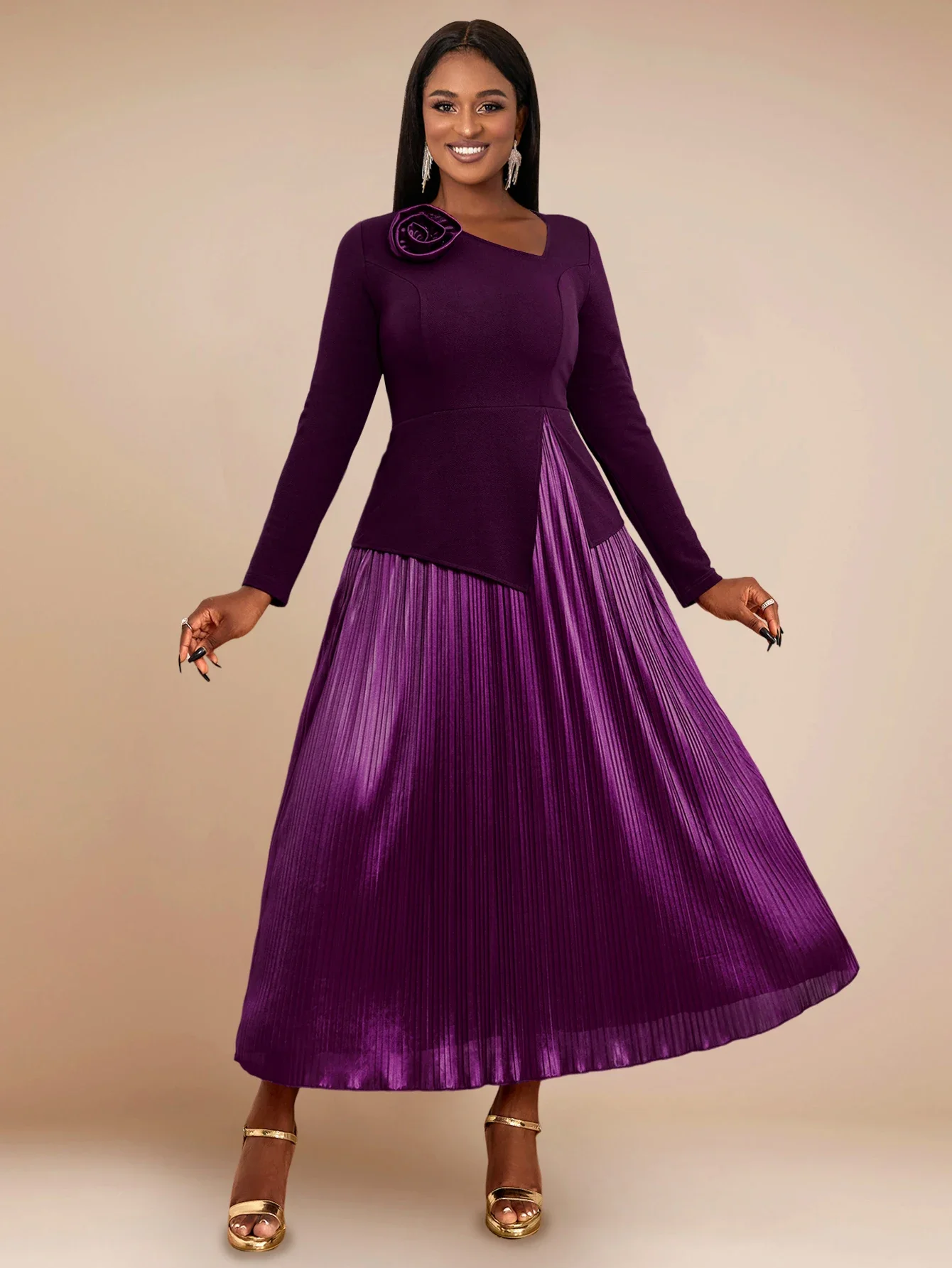 

Purple Pleated Dresses for Women Slant Neck Long Sleeve Appliques High Waist A Line Drapped Casual Evening Ankle Length Gowns