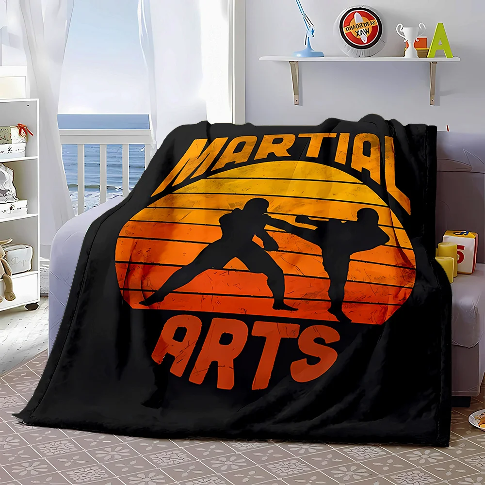 Distressed Retro Martial Arts Combat Silhouette Art Print Flannel Blanket Warm Throw For Lounge Bedroom Holiday Warm Gift