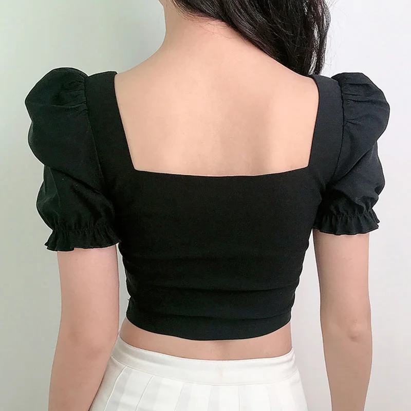 Women\'s Korean Style Solid Color Square Collar Sexy Exposed Navel Puff Sleeves Pullover Crop Tops Summer T-shirt