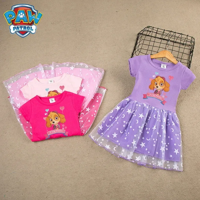 New Paw Patrol Mesh Dress Children Clothes Puppy Patrol Costume Girls Skirt Anime Sky Summer Short-Sleeved Party Girl Dress Gift