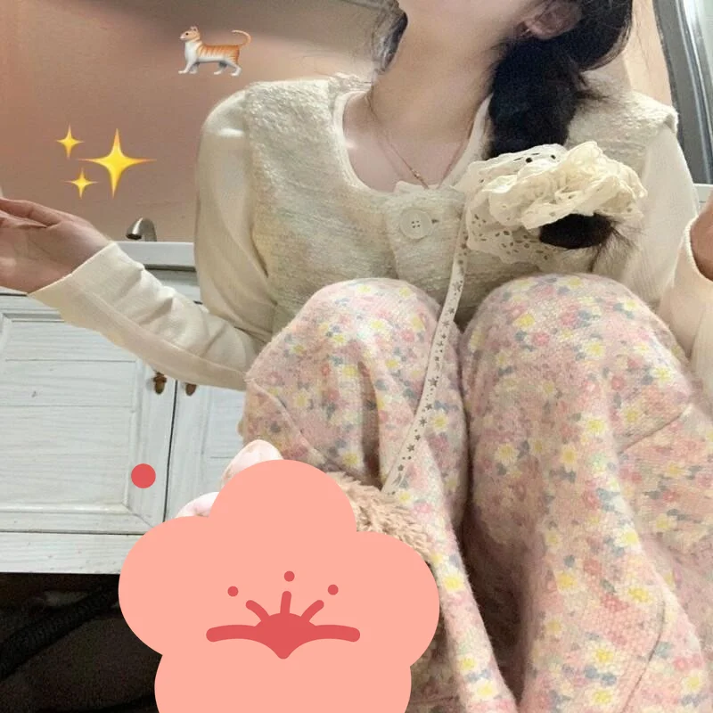 Damenhose, atmungsaktiv, Vintage, weich, Denim, Winter, Herbst, klebrig, rosa, Blumenmuster, hohe Taille, locker, lässig, Fleece, dick, weites Bein