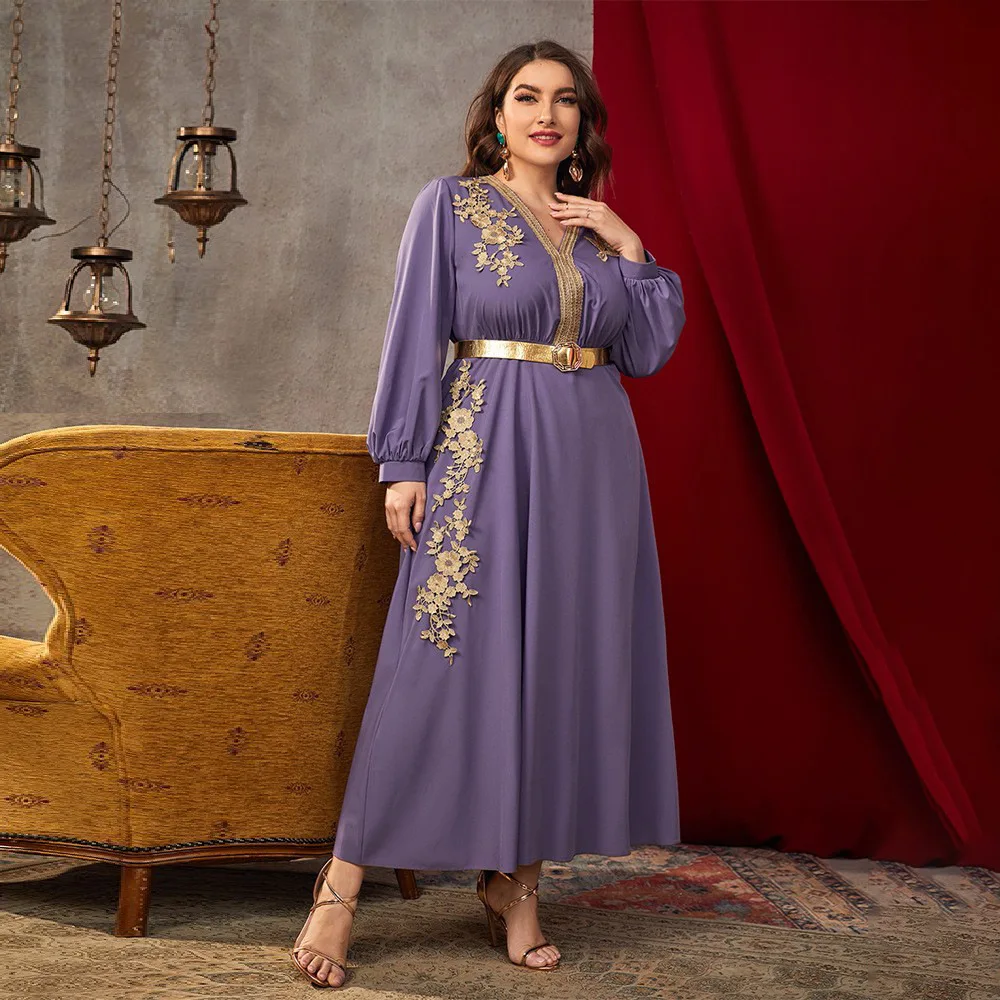 

Party Dresses for Women Fashion Casual Large Size V-neck A-line Dress Belted Kaftan Abayas Muslim Dubai Gowns Morocco Evening