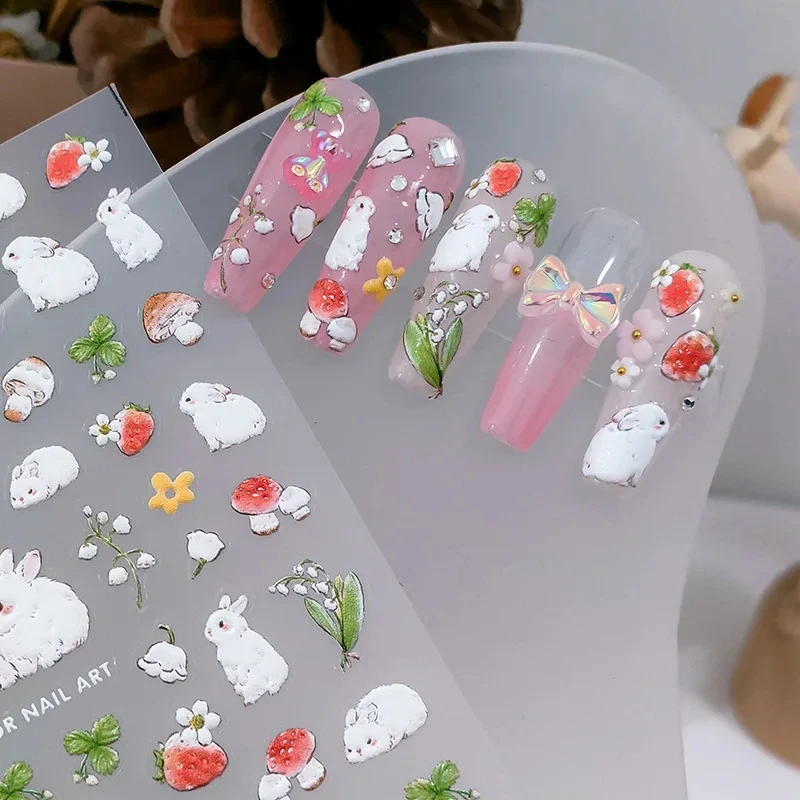 

Easter Lovely Strawberry Rabbit Cartoon 5D Embossed Reliefs Self Adhesive Nail Art Decorations Stickers 3D Manicure Decals