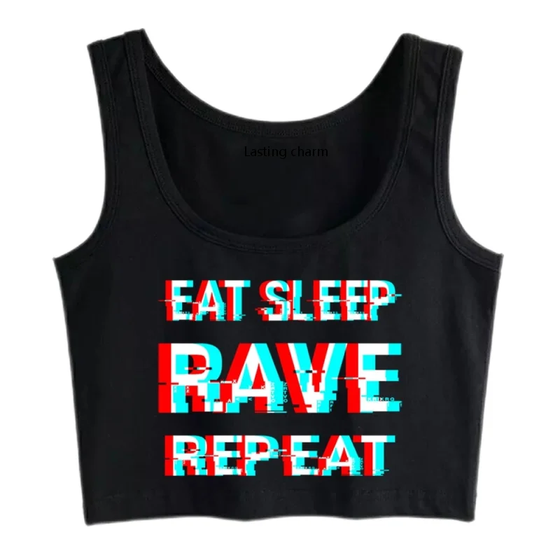 Trwały urok krótki Top Sport Eat Sleep Rave Repeat Techno Party sleep Rave powtarzanie przypadkowych napisów niestandardowy seksowny podkoszulek