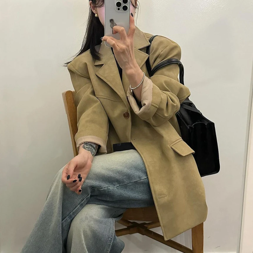 

Ele Vintage Suede Suit Jaet Single Button Merlot Color Scheme Long Sve Midi Coat for Women Spring 2026 Polyester Fiber