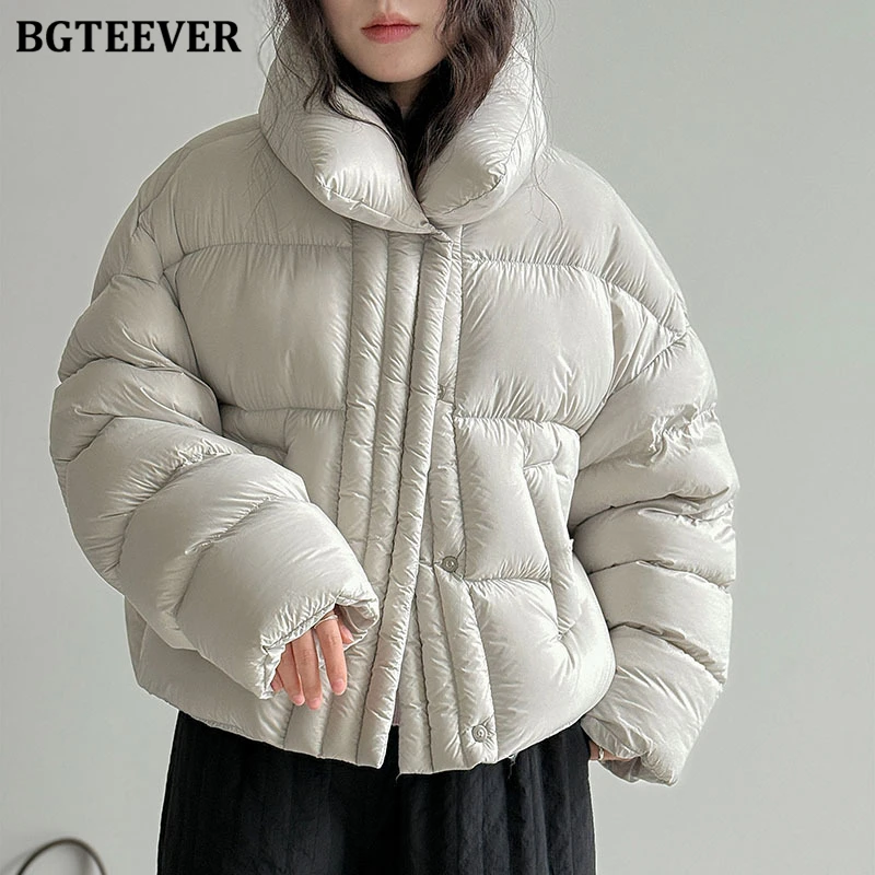 BGTEEVER スタイリッシュな厚手暖かいルーズスタンドカラー女性綿パッド入りジャケット冬長袖女性シングルブレストパーカー