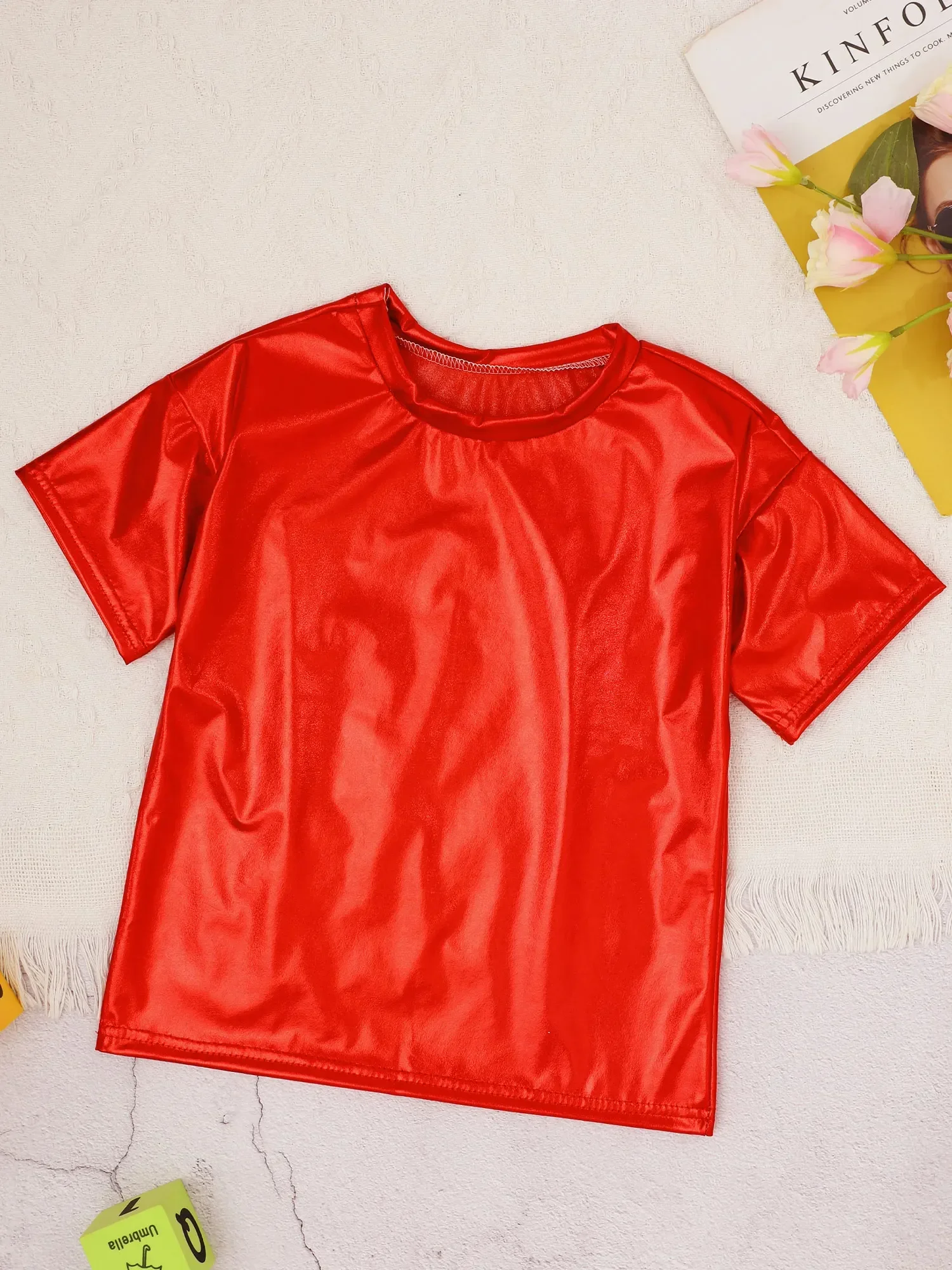 Child Girls Boys Shiny Metallic Short Sleeve Shirt T-Shirt Bronzing Loose Jazz Hip Hop Dance Top Blouse Performance Dancewear