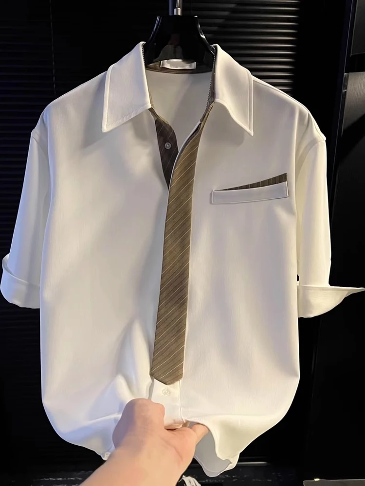 

Loose Fit Ice Silk Shirt Men's Summer Fashion Casual Style Short Sleeve Fake Tie Design Breathable Youth Popular Menswear
