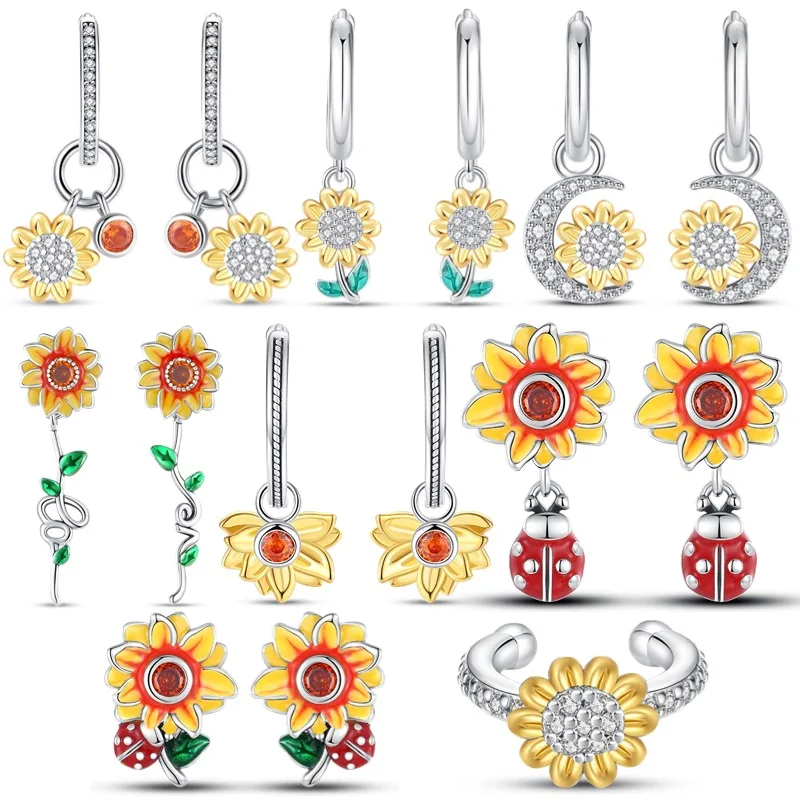 Original 2024 Charm S925 Sterling Silver Sunflower Drop Earrings For Women Flower Earrings Engagement Anniversary Jewelry Gift