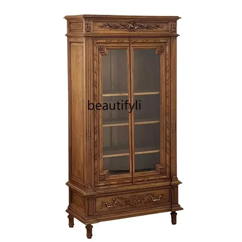 

New style NN French retro solid wood glass wine cabinet against the wall antique restaurant tea cabinet locker