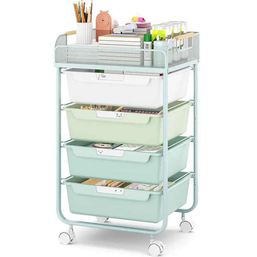 

Мобильная тележка-органайзер на колесах с 4 ящиками и 4 полками, тележка для рукоделия, тележка-органайзер для хранения для мастерской и офиса