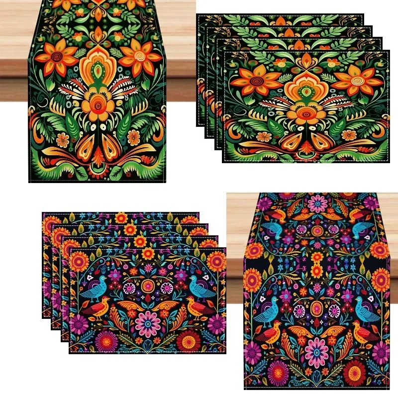 

A Set of Plant Flower Linen Table Flag Placemat Combination with Mexican Style Printed Tablecloth Pad