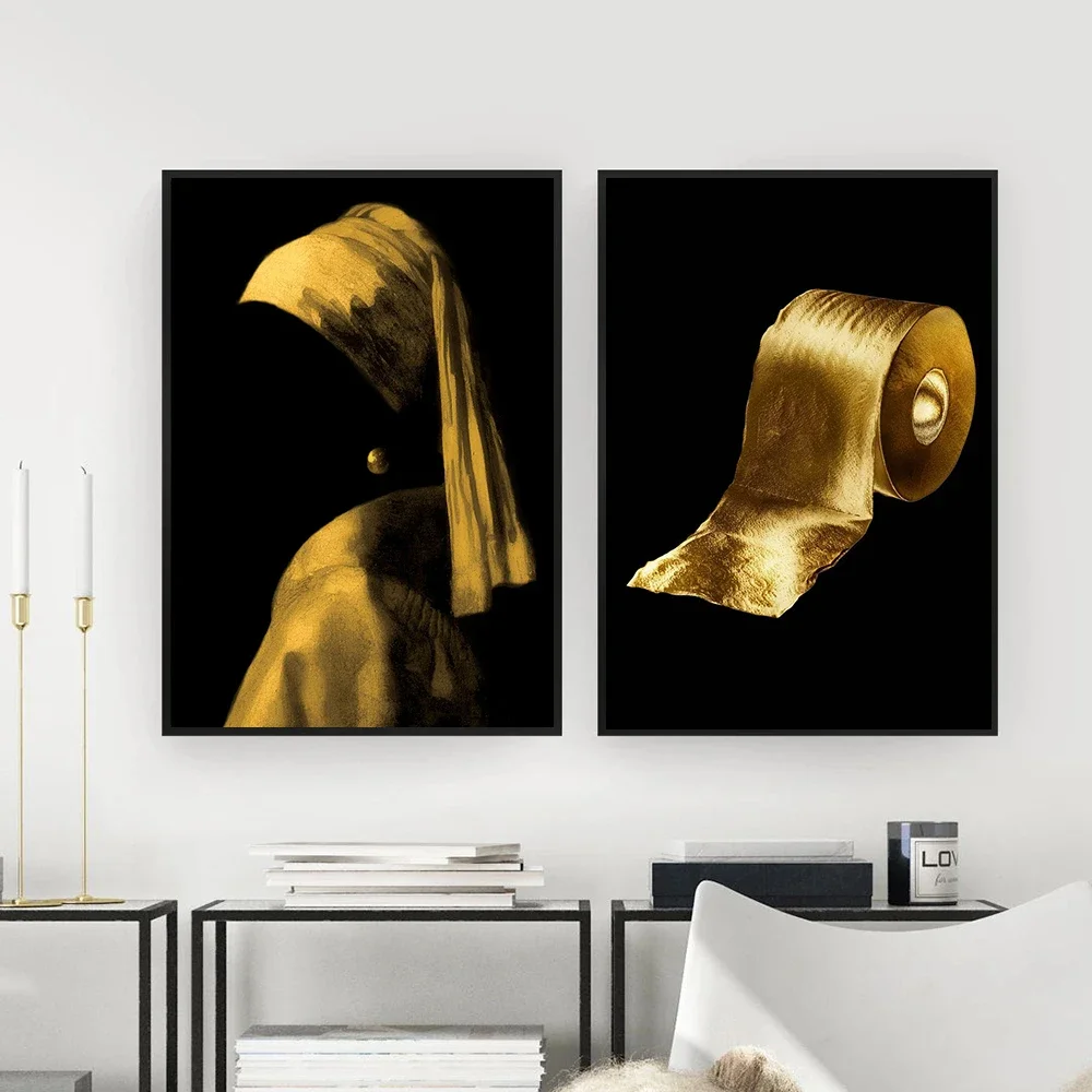 Modern Simple Wall Art Bathroom Toilet Black Gold Rolled Paper HD Canvas Print Poster Home Toilet Bathroom Decorative Painting